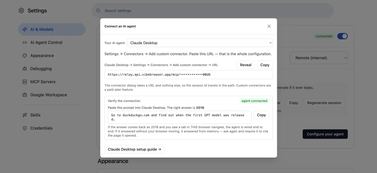 Claude Desktop custom connector URL